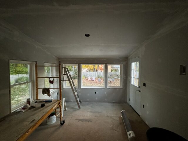 DRYWALL, MUD, TAPING, SAND, PORCH CONVERSION, CONSTRUCTION PHASE